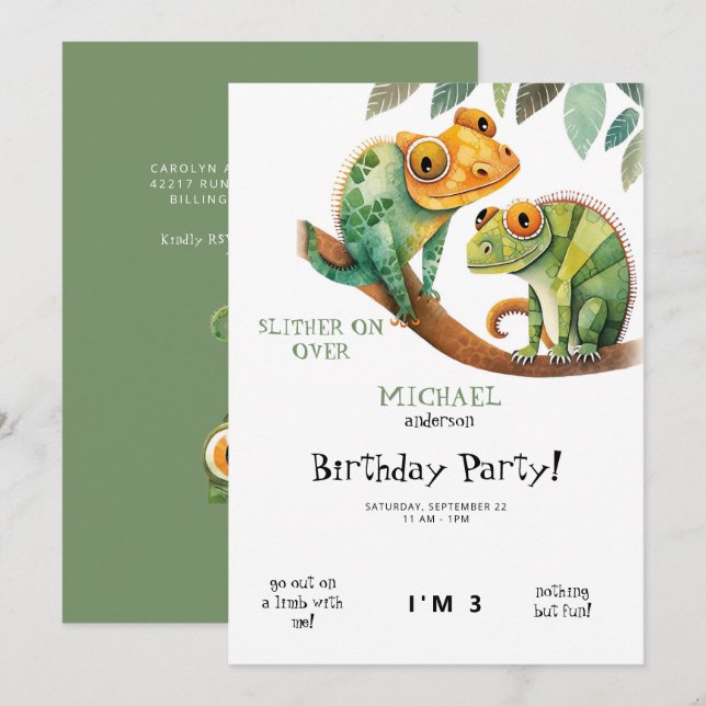 Cute Lizard Boy Birthday Party Invitation (Front/Back)