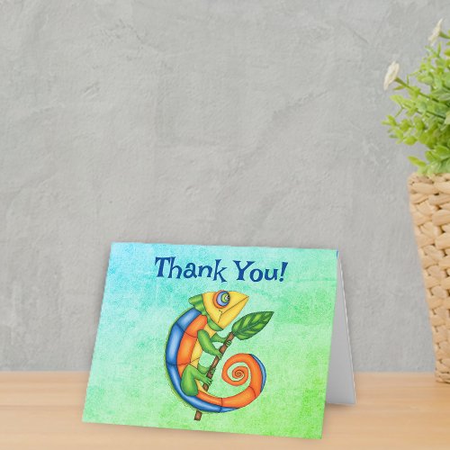 Cute Lizard Bright Colours Leaf Twig Green Blue Thank You Card