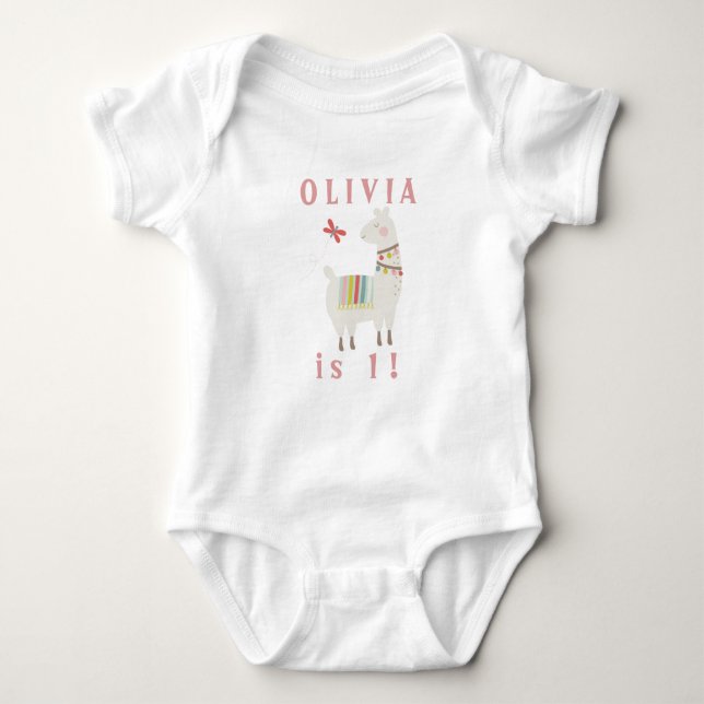 Cute Llama 1st Birthday Custom Name & Age Baby Bodysuit (Front)