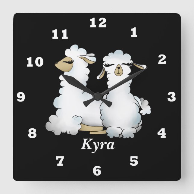 Cute llama add name girls room wall clock (Front)