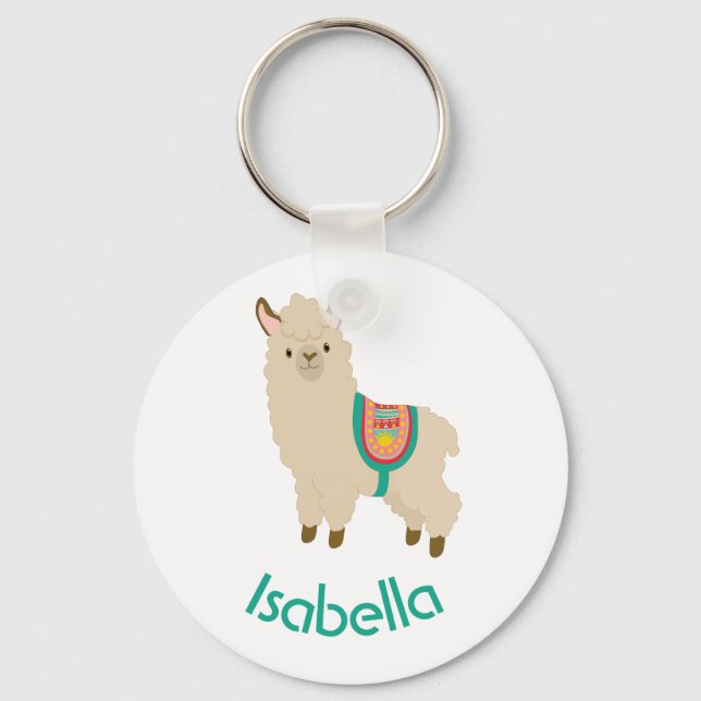 Cute Llama Add Your Name Teal Text Keychain (Front)