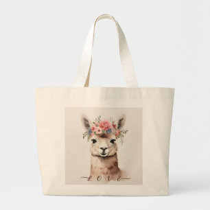 Cute Llama Alpaca and Flower say Love Large Tote Bag