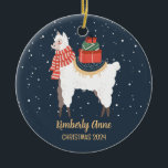 Cute Llama Alpaca Christmas Snowy Winter Holiday Ceramic Ornament<br><div class="desc">Cute cartoon animal ornament for kids and children. Perfect for first Christmas celebration with family. You can customize the text for any occasion.</div>
