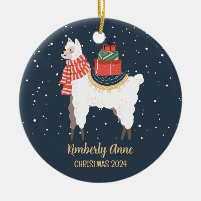 Cute Llama Alpaca Christmas Snowy Winter Holiday Ceramic Ornament (Front)