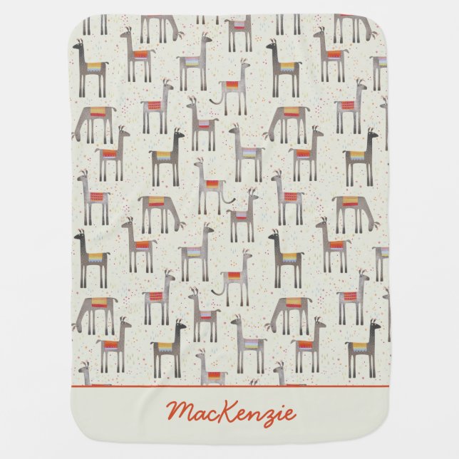 Cute Llama Alpaca Custom Name Monogram Baby Blanket (Front)