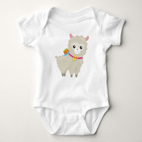 Cute Llama Alpaca Little Llama Llama With Hat  Baby Bodysuit