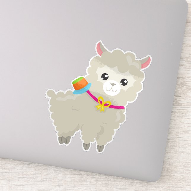 Cute Llama, Alpaca, Little Llama, Llama With Hat  Sticker (Detail)
