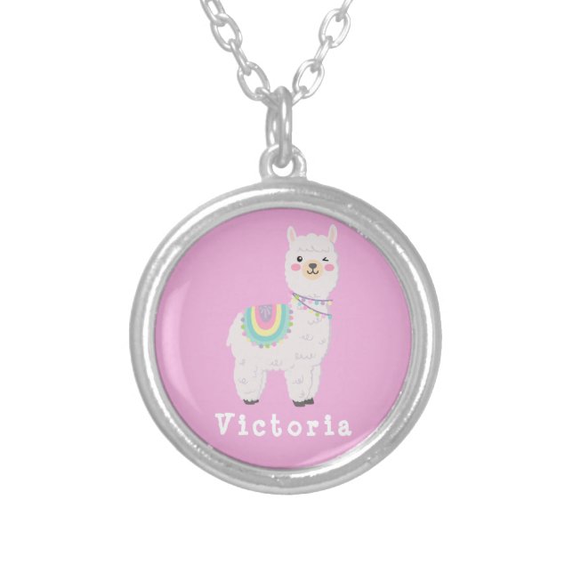 cute llama, alpaca, llama silver plated necklace (Front)