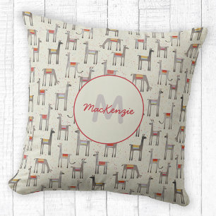Cute Llama Alpaca Monogram Name Throw Pillow