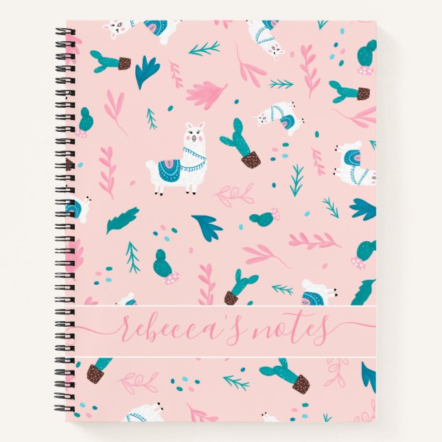 Cute llama alpaca pink teal illustration pattern notebook (Front)