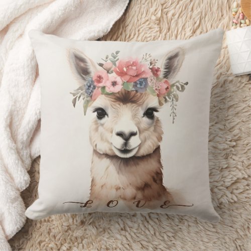 Cute Llama Alpaca with Floral say Love  Throw Pillow