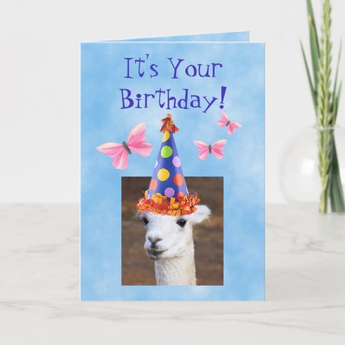 Cute Llama and Butterflies Birthday Card