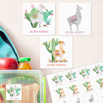 Cute Llama And Cactus Girls Name Waterproof Kids' Labels by darlingandmay at Zazzle