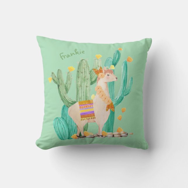 Cute Llama and Cactus - Mint Green Personalized Throw Pillow (Front)