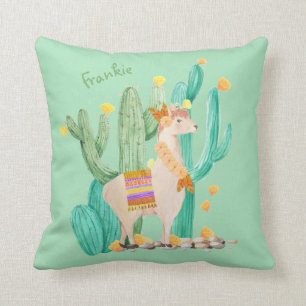 Cute Llama and Cactus - Mint Green Personalized Throw Pillow