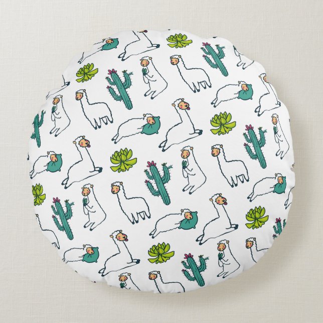 Cute Llama and Cactus Pattern Round Pillow (Front)