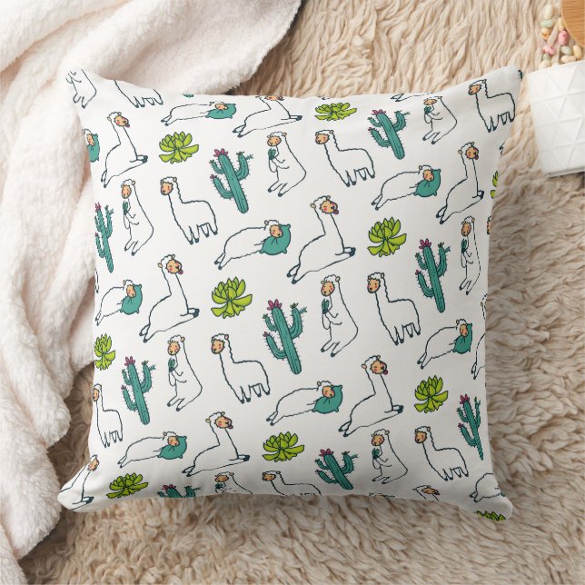 Cute Llama and Cactus Pattern Throw Pillow (Blanket)
