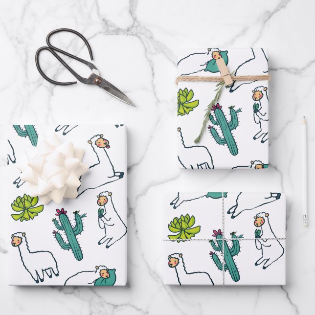 Cute Llama and Cactus Pattern Wrapping Paper Sheets (Front)