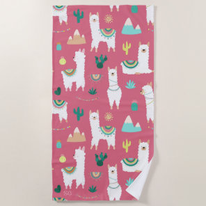 Cute Llama and Cactus Pink Pattern Monogram Beach Towel
