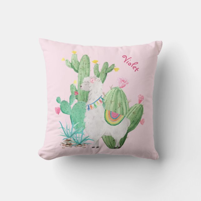 Cute Llama and Cactus Scene - Personalized Pink Throw Pillow (Front)