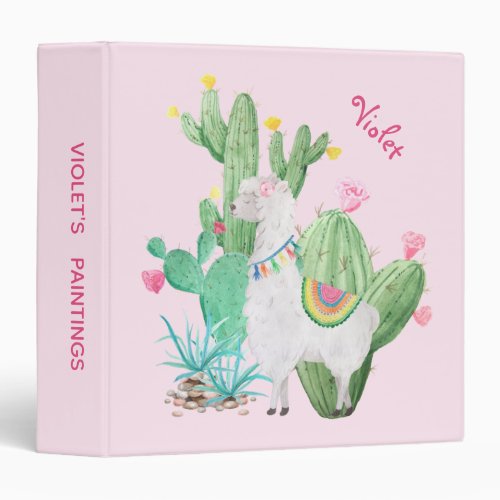 Cute Llama and Cactus Watercolor Pastel Pink 3 Ring Binder