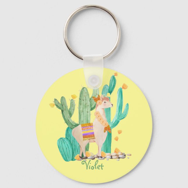 Cute Llama and Cactus with Flowers - Yellow Keychain (Front)
