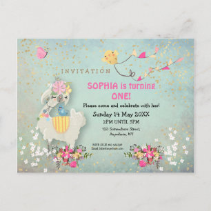 Cute Llama and florals First Birthday Invitation Postcard