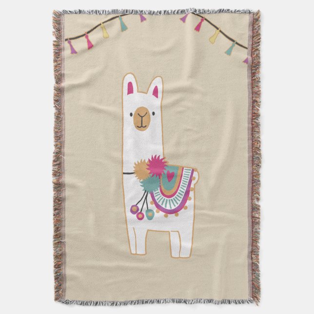 cute llama and tassels with custom background throw blanket (Front Vertical)