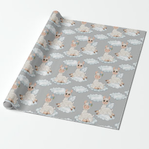 Cute llama animal alpaca flowers clouds wrapping paper
