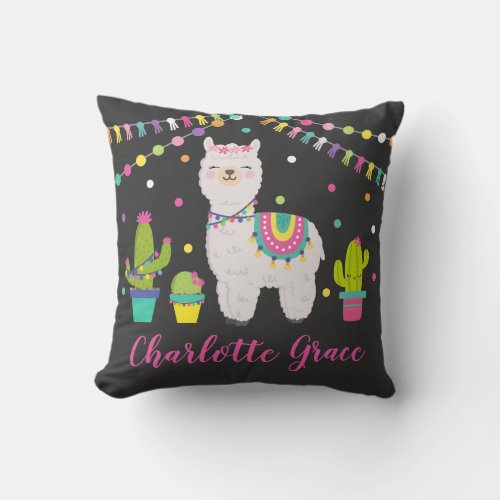 Cute Llama Baby Girl Fiesta Alpaca Nursery Throw Pillow