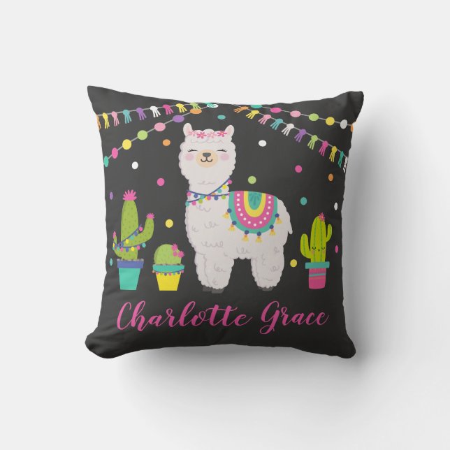 Cute Llama Baby Girl Fiesta Alpaca Nursery Throw Pillow (Front)