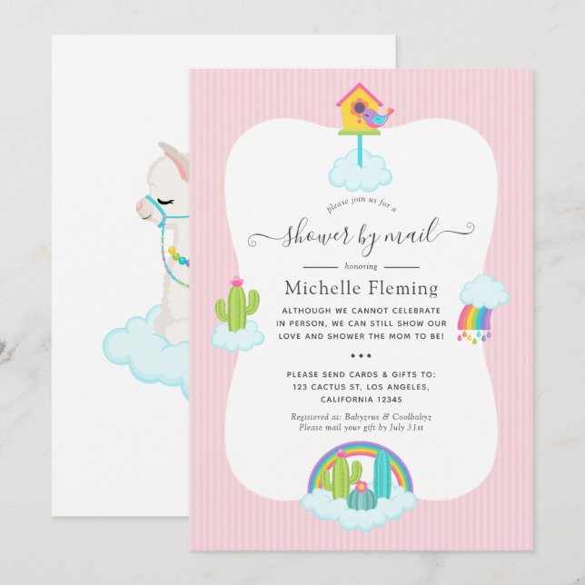 Cute Llama Baby Shower by Mail Invitation (Front/Back)