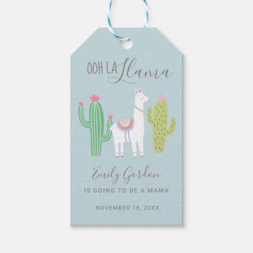 Cute Llama Baby Shower Succulents Boy Blue Gift Tags