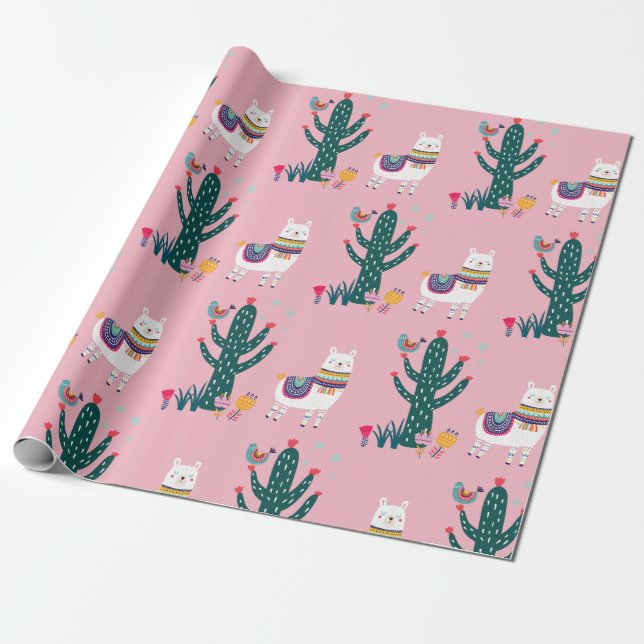 Cute Llama bird and cactus Wrapping Paper (Unrolled)