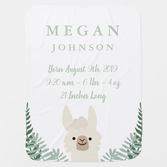 Cute Llama Birth Announcement Baby Blanket (Front)