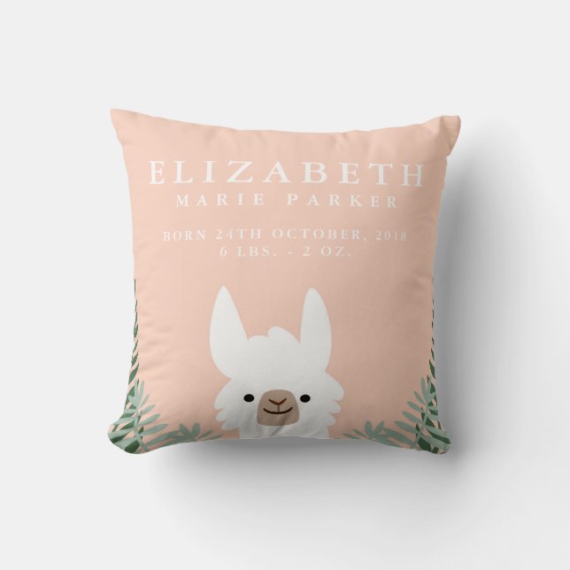 Cute Llama Birth Announcement Stats Nursery Pillow (Front)