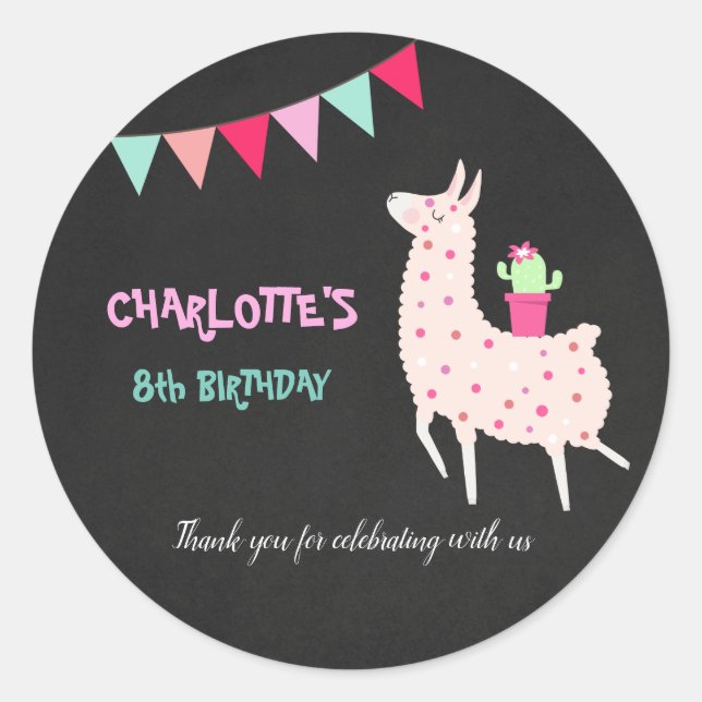 cute llama birthday chalkboard fiesta alpaca classic round sticker (Front)