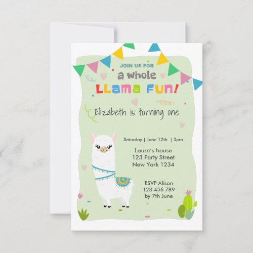 Cute Llama Birthday Invitation