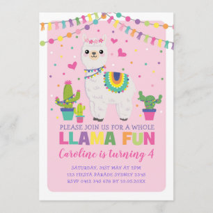 Cute Llama Birthday Party Girly Fiesta Alpaca Invitation
