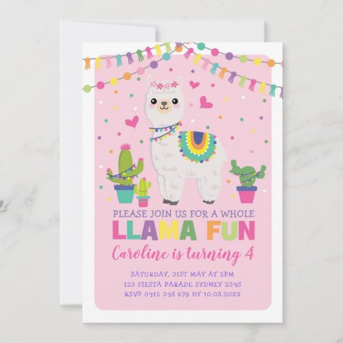 Cute Llama Birthday Party Girly Fiesta Alpaca Invitation