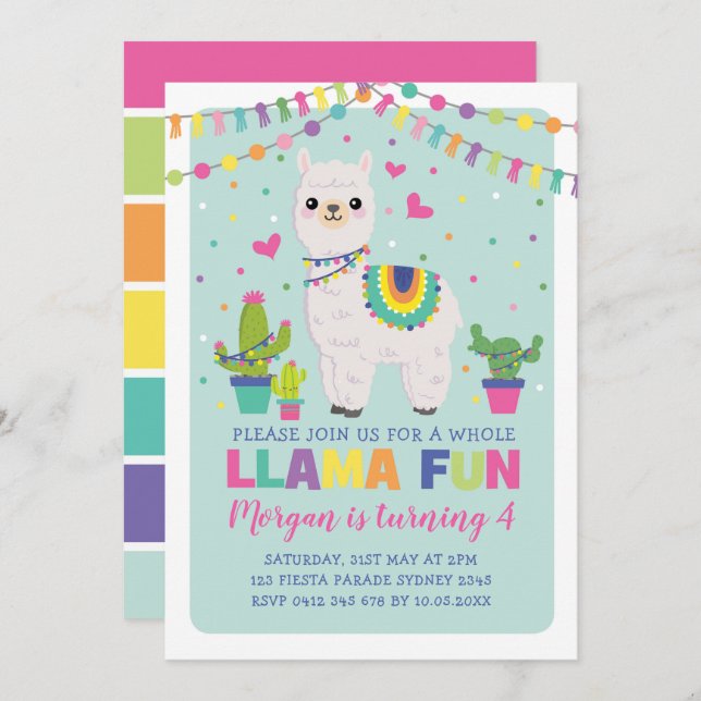 Cute Llama Birthday Rainbow Alpaca Fiesta Party Invitation (Front/Back)