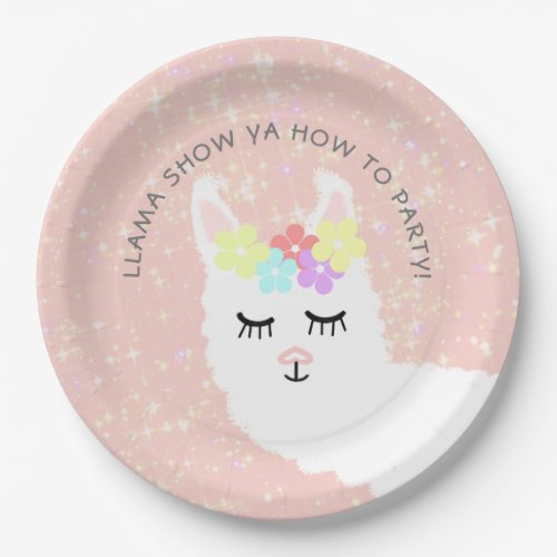 Cute Llama Blush Pink Floral Party Paper Plates