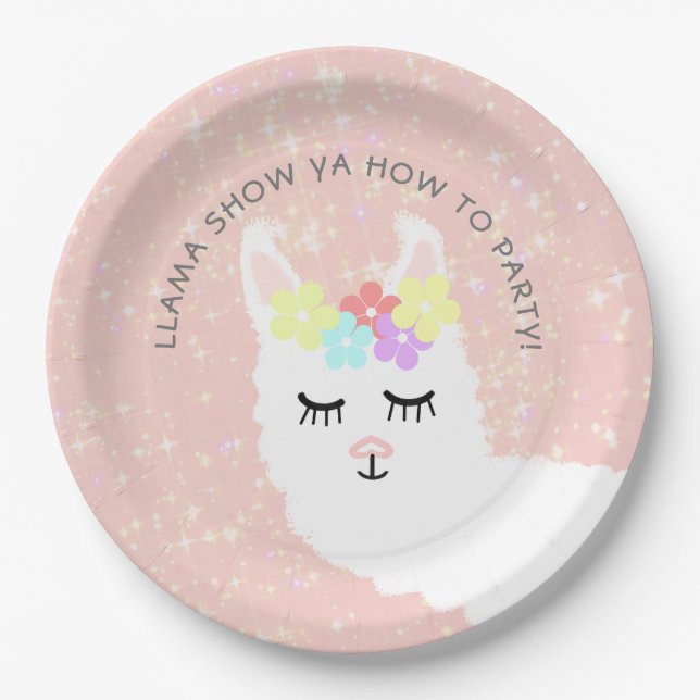 Cute Llama Blush Pink Floral Party Paper Plates (Front)
