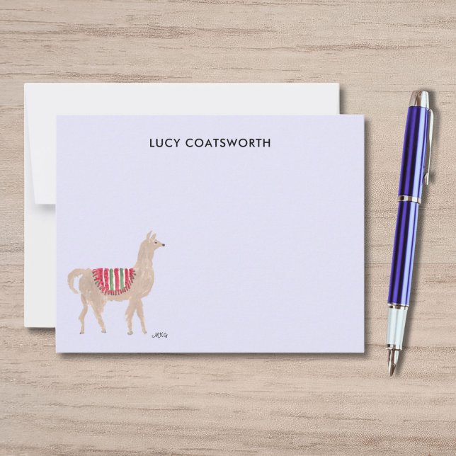 Cute Llama Boho Hand-Painted Personalized Farm Note Card (These lavender llama thank you notes feature my own artwork of a cute llama wearing a red blanket.)