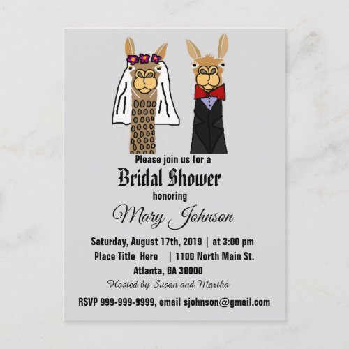 Cute Llama Bride and Groom Bridal Shower Invitation Postcard