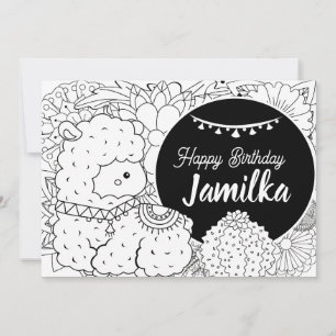 Cute Llama Cactus Kids Birthday Floral Coloring Holiday Card