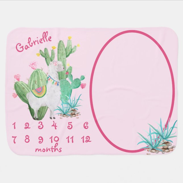 Cute Llama & Cactus Pastel Pink Monthly Milestone Baby Blanket (Horizontal)