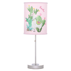 Cute Llama & Cactus Watercolor Pastel Pink Custom Table Lamp