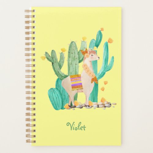 Cute Llama  Cactus Watercolor Yellow Personalized Planner
