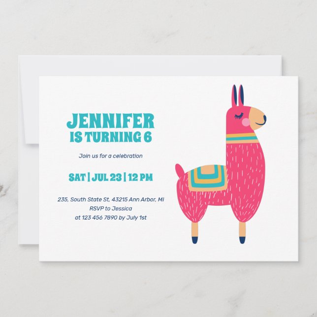 Cute Llama Cartoon Hot Pink Kids Birthday Invitation (Front)